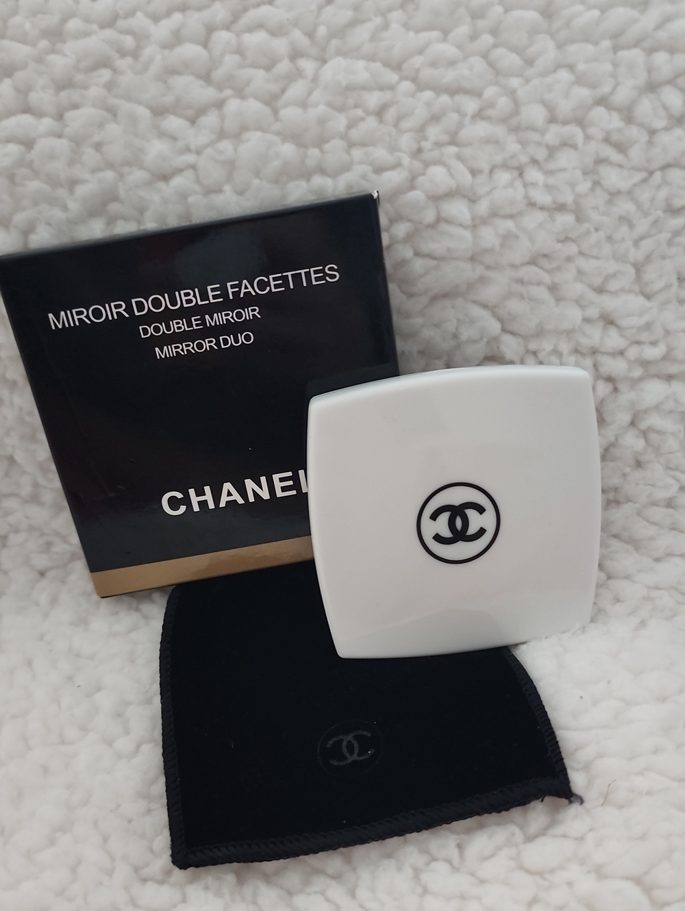 CHANEL Brand New In Box White Compact Double Mirror with Black Logo